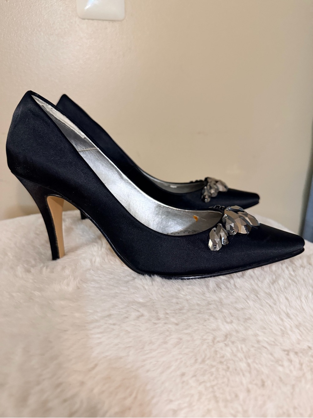 Caparros Black Satin Pointed Toe Pumps with Crystal Teardrop Accent